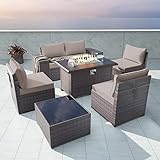 Gotland 7 Piece Outdoor Patio Furniture Set with Gas Fire Pit Table Patio Furniture Sectional Sofa...