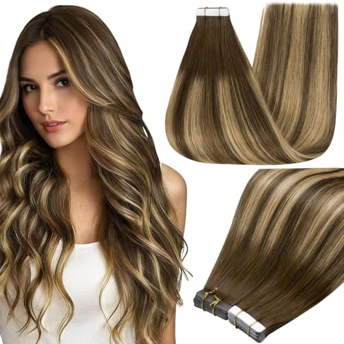 Image of Full Shine Tape in Hair Extensions 18Inch Skin Weft Invisible Tape in Human Hair Medium Brown to Honey Blonde Real Human Hair Extensions Tape ins 50G Balayage Hair Extensions for Wedding 20pcs 4 /24 /4