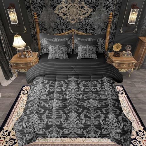 Feelyou Black Grey Damask Comforter Set with Sheets 7 Piece