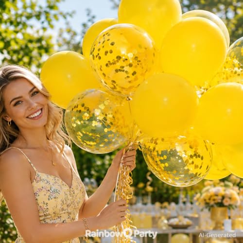 Image of Yellow Latex Balloons: 55Pcs 12 inch Yellow Confetti Party Balloons Mat Helium Latex Balloon Ribbons for Birthday Anniversary Graduation Wedding Decoration