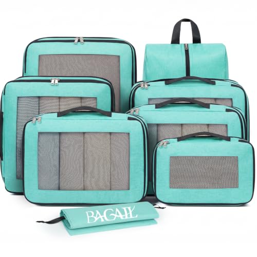 Image of BAGAIL Compression Packing Cubes for Travel Essentials, 8 Set-Mint | Tear‑Resistant Fabric, Space‑Saving, Visible Mesh Panel, Vibrant Color Choices, Travel, Camping & Cruise, Home Storage