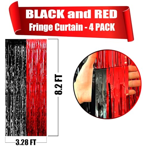 Image of 4 Pack Foil Fringe Curtain Backdrop, 3.28Ft x 8.2Ft Metallic Tinsel Foil Fringe Streamers for Photo Booth, Wedding, Casino Viva Las Vegas Game Night Birthday Party Decoration (Black Red)