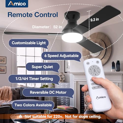 Image of Amico Ceiling Fans with Lights, 52 inch Low Profile Ceiling fan with Light and Remote Control, Flush Mount, Reversible, 3CCT, Dimmable, Noiseless, Black Ceiling Fan for Bedroom, Indoor /Outdoor Use