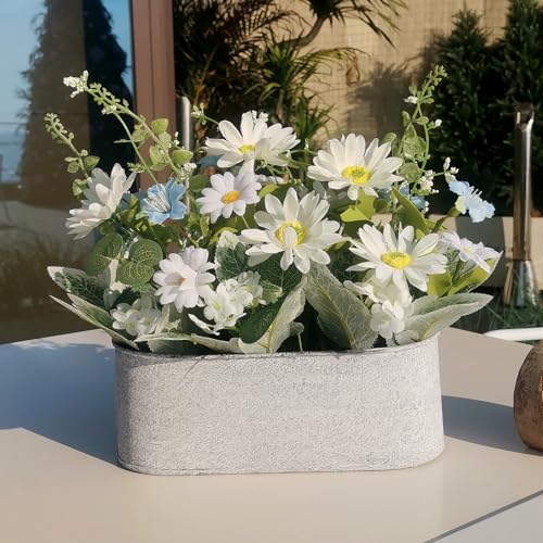 ZKIEIRE Floral Centerpieces for Tables, 12 Inch Small Artificial Flowers in Metal Pot with White Blue Daisy Arrangement, Fake Potted Faux Flowers for Indoor Spring Summer All Season Decor Decoration
