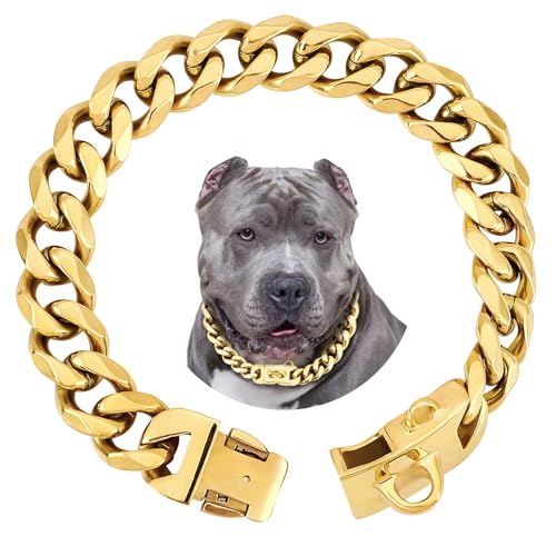 BAOBOTE Collare per cani con catena dorata da 19 mm, lussuosa maglia cubana con fibbia a scatto sicura per pitbull grandi (66 cm oro)