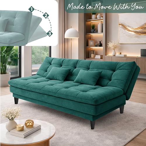 Image of Modern 3 Seater Sofa Cum Bed | Tufted Backrest | Velevt Fabric Upholstery | Living Room Furniture-Green