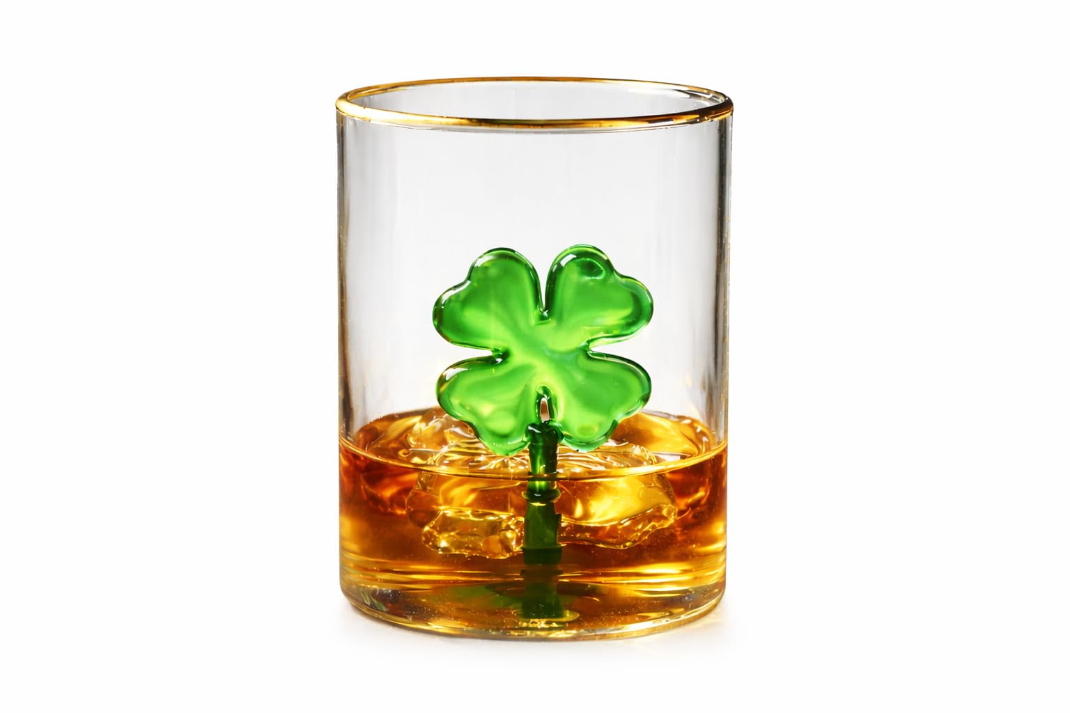 MONARCH CRYSTAL Lucky Four Leaf Clover Irish Whiskey Glass with Gold Rim, Shamrock Rocks Glass, Irish Gift for Whiskey Lovers