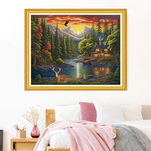 Image of Funxvoot Stamped Cross Stitch Kits Beginners Full Range of Embroidery Kits for Adults 11CT Embroidery Patterns Needlepoint Kits Printed Cross Stitch Kits-Cabin in The Woods 16x20 inch