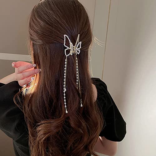 Jumwrit Gold Butterfly Hair Claw Clip Strong Hold Metal Hair Clip Pearl Chain Tassel Hair Claw Rhinestone Hair Clamp Fashion Hair Clip For Women Girls #TOP3