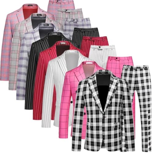 Men Grid Design Two-Piece Suit Set Striped Slim Fit Jacket2