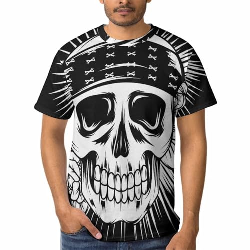 Tee Shirt Manches Courtes Homme Fleur de Crâne Motif Imprimé Col Rond