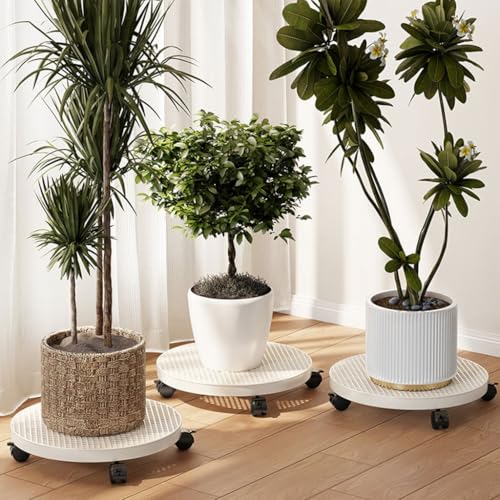 Support de pot de fleurs blanc 30 cm en métal robuste à roulettes