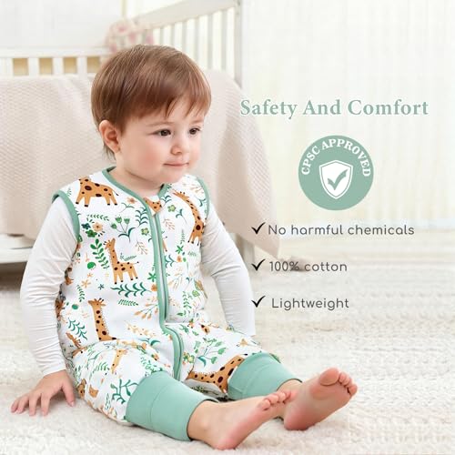 Image of Chilsuessy Toddler Sleep Sack with Feet 2-3 T, 2.5 TOG Cotton Baby Wearable Blanket with Legs, Winter Sleep Bag Walker with 2-Way Zipper, Green + Giraffe
