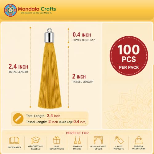Image of Mandala Crafts Silver Tone Cap Gold Silky Bookmark Tassels with Loops | 100 PC, Machine Washable, Polyester, Mini, for Crafts Jewelry Making Graduation Decorations Keychains Gift Tags & Ornaments