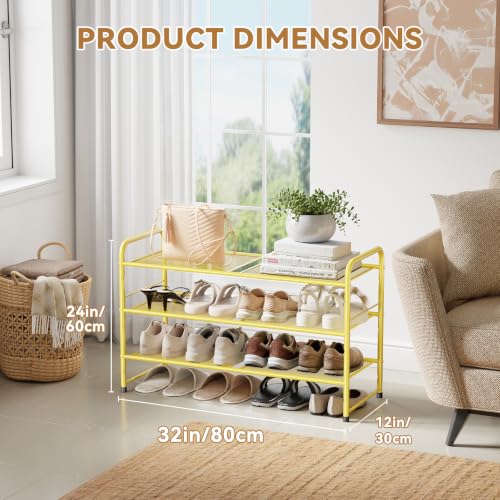 Image of Mesh Shoe Rack, Closet Metal Shoe Organizer Shelf Heavy Duty, Gold | 3-Tier 33 inch Wide Shoe Storage Stackable for Entryway