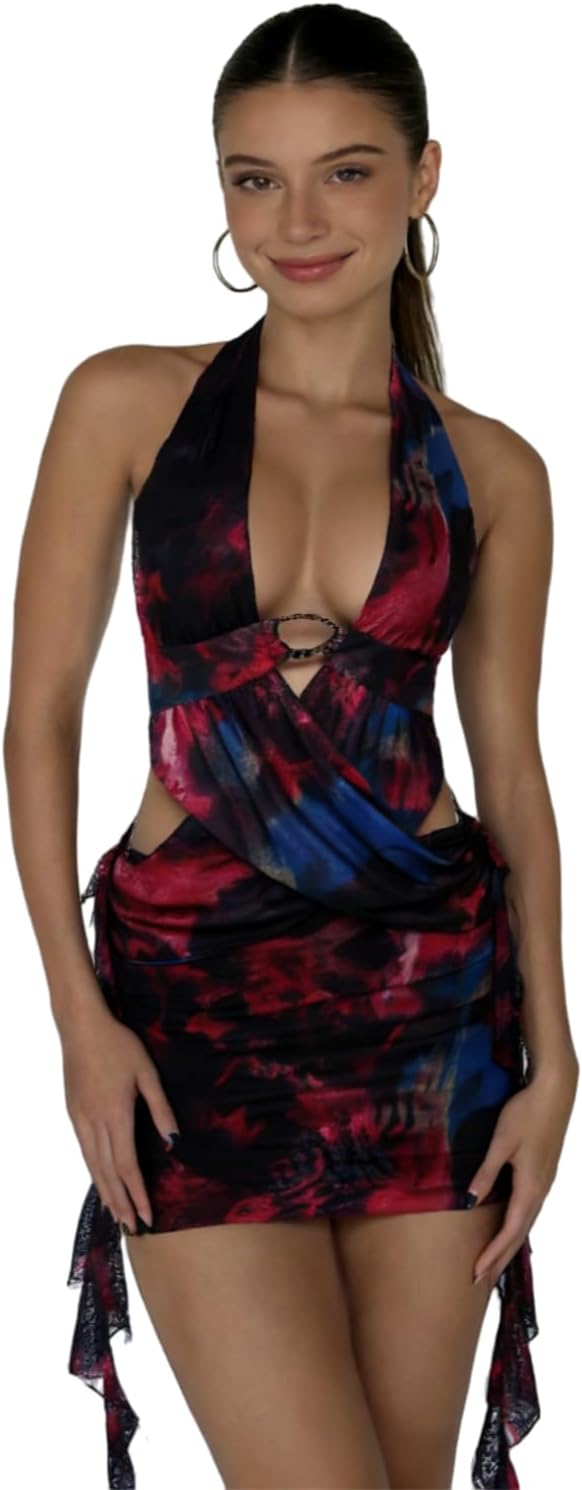 Women's Sexy Halter Tropical Printed Mini Dress Sleeveless A Line Bodycon Dress Backless Party Vacation Dresses