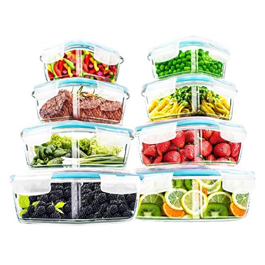 Utopia Kitchen- 16 Piece Glass Food Storage Container (8 containers, 8 transparent lids)- Stackable & Leak-proof- BPA Free locking lids- Easy to store food and carry on the go- From Oven to the Table