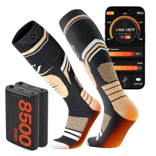 SURGOAL Merino Wool Heated Socks, 15-Hour Runtime & 145°F Heating, 8500mAh Rechargeable Electric Battery Operated Ski Socks with APP-Controlled for Men Women, Hunting, Camping, Winter (Khaki,XL)