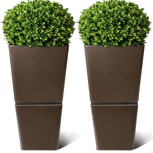 T4U Tall Planter for Outdoor Plants, 24.8 Inch Outdoor Planters for Porch Set of 2, Large Planter for Indoor & Outdoor Plants with Wheels Drainage Plug, Front Porch, Patio, for Home Decor (Dark Brown) by T4U - Used condition - US$79.99