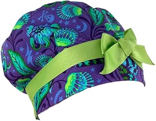 European Style Scrub Cap - Grosgrain Ribbon â€“ Flowers Purple and Green - Scrub Hat for Women & Men tie Back | Working Cap with Holder. Scrub Hats for Women, Nurses Hats | Dr. Hats