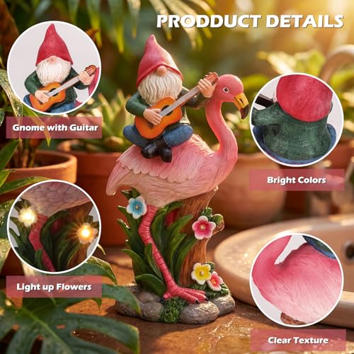 EXYGLO Solar Gnome Garden Statue Decor, 10" Gnome Riding Flamingo $12.49 AC - image 3