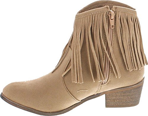 Adriana Leonara-39 Women's Side Zipper Low Heel Fringe Ankle Booties,Beige,8.5