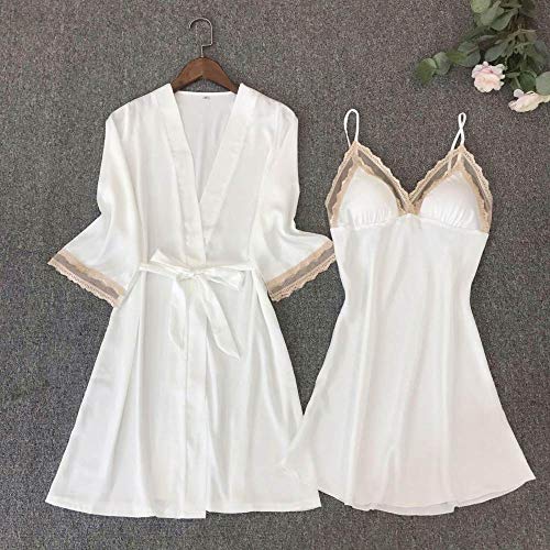 Mujer Albornoz Bata 2 Piezas Conjunto De Bata De Satén para Mujer Sexy Ropa De Dormir Blanca Kimono Albornoz Adorno De Encaje Novia Dama De Honor Camisón Informal, L