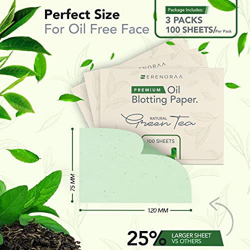 Premium Natural Green Tea Oil Blotting Sheets For Face - 3X100 Sheets With Extra Large 5X3" Thick Blotting Paper For Oily Skin - Dispensable Portable Pack - Reduce Skin Acne - Makeup Friendly #TOP5