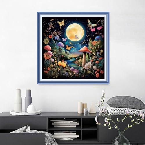 Image of Joyhoor Cross Stitch Kits for Beginners Stamped Cross-Stitch Supplies Needlework preprint Embroidery Kits for Adults DIY Needlepoint Kits Embroidery Patterns 11CT-Mushroom Moon 18.x18 inch