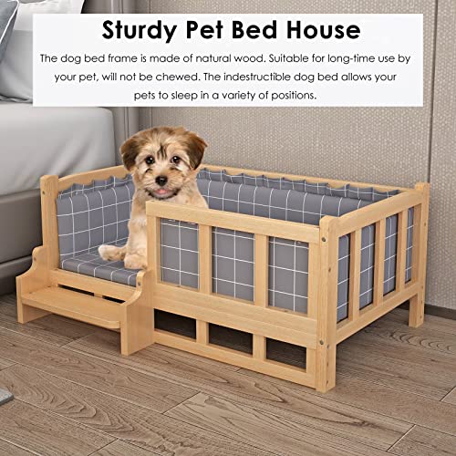 Erhöhtes Hundebett mit Holzrahmen, Anti- Kau- Haustier- Couch mit Treppe und waschbarem Futter für große, mittelgroße und kleine Hunde, Grau-2