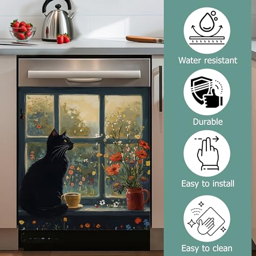 Image of Black Cat Dishwasher Magnets Decorative Cover,Vintage Flowers Waterproof Magnetic Dishwasher Cover Panel,Refrigerator Magnet Cover for Kitchen Home Decor 23x26 Inch