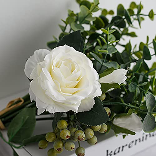 Wellindecor Artificial Flowers Bouquets Silk White Roses Eucalyptus Leaves Berries Flower Arrangements Wedding Bouquets Decorations Plastic Floral Table Centerpieces For Vases Home Party Decoration #TOP5