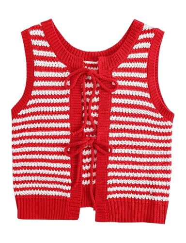 Yvipette Women Sweater Vest Sleeveless Crochet Tops Casual Color Block Tie Back Knit Tank Tops Striped Crop Tank Tops