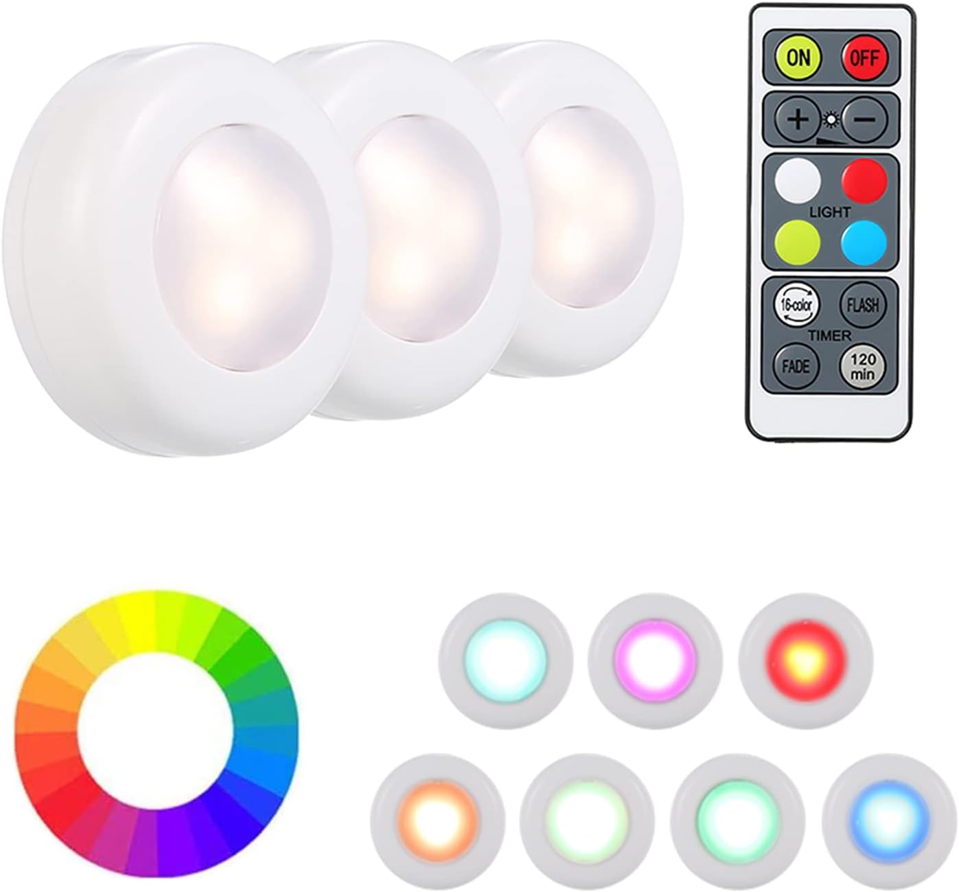 RGB LED Under Cabinet Lamp Puck Light 3 Pack with Remote Control Brightness Adjustable Dimmable Timing Supported 16 Colors Automatic C/Flash/Fade 3 Lighting Modes Battery Operated Powered