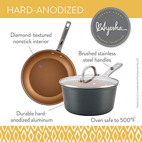 Ayesha Curry Home Collection Hard Anodized Nonstick Sauce Pan/Saucepan With Lid, 2 Quart, Gray #TOP4