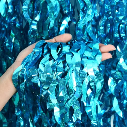 Image of TONIFUL 2Pcs Wavy Metallic Tinsel Foil Fringe Curtains Teal Blue Streamer Backdrop for Photo Booth Props,Party Door Wall Curtains,Bachelorette,Underwater World Birthday Party Decor (6.6ft x 6.6ft)