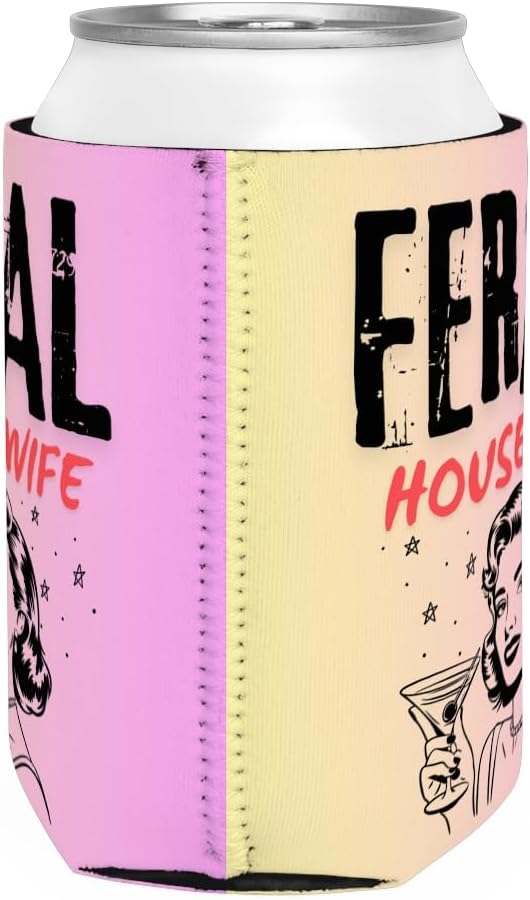 Feral Housewife Beer Sleeve – Funny Mom Gift for Mother's Day or Birthday – Neoprene Can Insulator for 12oz and 16oz Cans – Double-Sided, Lightweight, Retro Humor Design