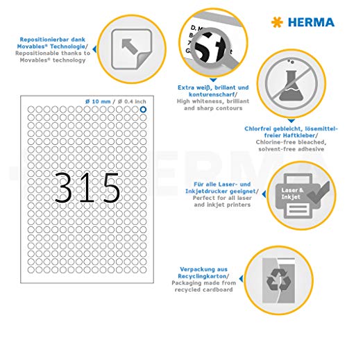 Herma Self Adhesive Removable Multi-Purpose Labels, 315 Labels Per A4 Sheet, 7875 Labels For Printers, Round, Ø 10 Mm (4385), White #TOP4
