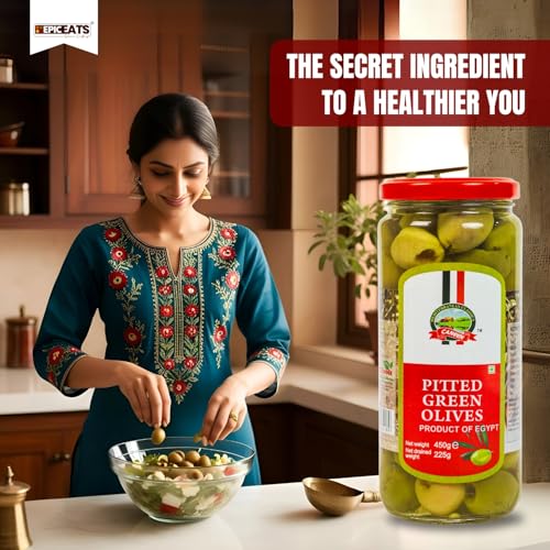 Image of CANEEN Pitted Green Olives Ideal for Salads, Pizzas, and Snacks | Fresh, Delicious, Ready to Eat | Sauces | Garnish | Stuffed Dishes | Rice and Grains | Savory Pies |450 gm (Pack of 1)