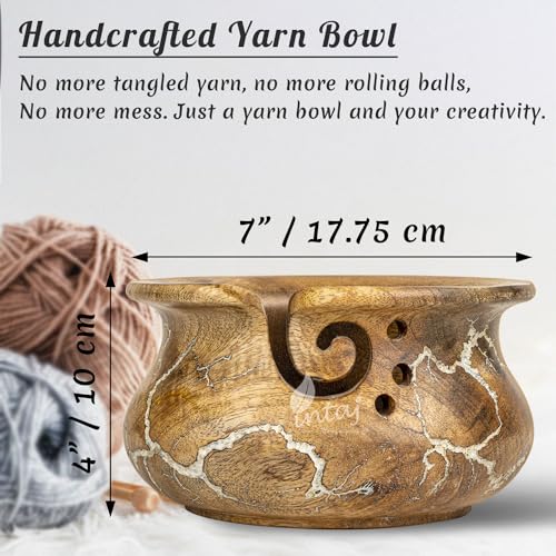 Image of INTAJ Wooden Yarn Bowl for Knitting and Crochet, 7 Inch No-Snag Holder