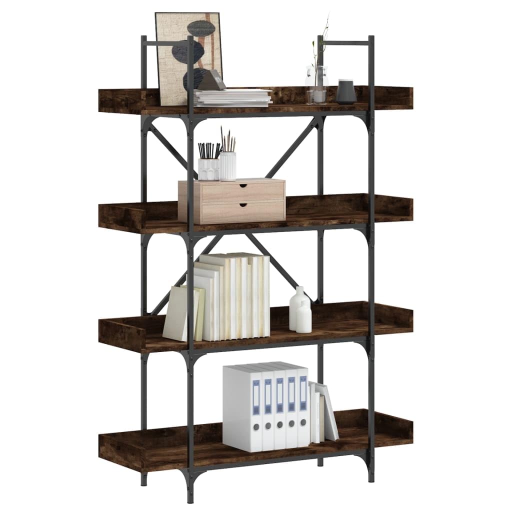 Estantería de 4 estantes roble ahumado 100 x 33 x 145,5 cm de material de madera moderna con marco de metal en X para sala de estar, dormitorio, oficina
