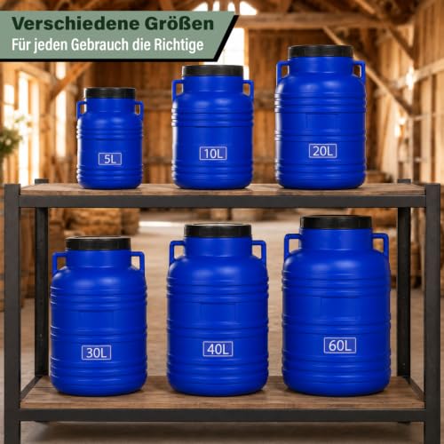 FIXKRAFT Weithalsfass Lebensmittelecht 20L Futtertonne Hund Gärbehälter Blaue Futter Tonne mit Deckel Maischefass Schraubdeckel 20 Liter Camping Kanister Gärfass