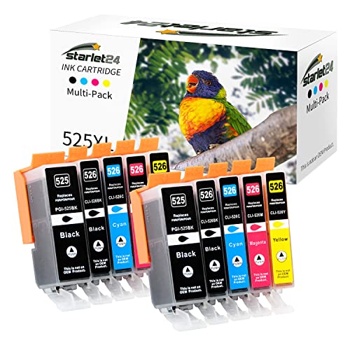 Starlet24 10x 525xl 526xl Cartuchos de Tinta Compatibles para Canon PGI 525 CLI 526 para Pixma IP4850 IP4950 IX6550 MG5150 MG5250 MG5340 MG5350 MG6150(2 PGBK 2 Negro, 2 Cian, 2 Magenta 2 Amarillo)