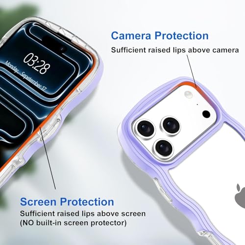 Image of GoldKart iPhone 17 Pro Case Wavy Edge Clear Back Design, Anti-Slip Grip Cute Wave Curly Frame Shape Shockproof Soft TPU & Hard PC Bumper Protective Phone Case Cover for Women Girls - Purple