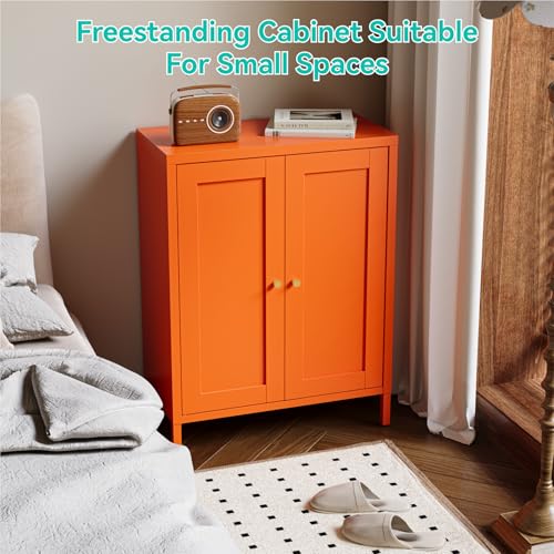 Image of Metal Floor Storage Cabinet, Small Freestanding Sideboard Storage with 2 Adjustable Shelves for Bathroom Entryway Living Room Dining Room Coffee bar,11.8 inchD x 23.6 inchW x 31.5 inchH,3-Tier,Orange