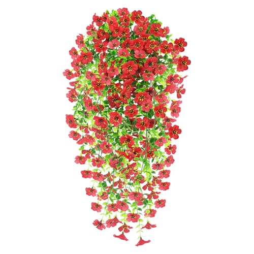 Epaing 2 Piezas Planta Artificial Colgante Flores Macetas Colgantes de Pared Plantas Artificial Enredaderas Artificiales Aecorativas de Interiores Patio Boda y Jardín(Rojo)
