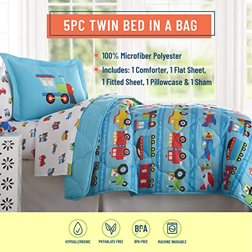 Wildkin Kids 5 Pc Twin Bed In A Bag For Boys And Girls, Microfiber Bedding Set Includes Comforter, Flat Sheet, Fitted Sheet,One Pillow Case And One Sham,Bpa-Free,Olive Kids (Trains, Planes And Trucks) #TOP1