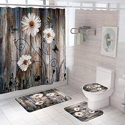 DDS-DUDES Rustic Shower Curtain for Bathroom Grey Daisy Floral Fabric Bath Curtain Butterfly American Country Farm Style Curtain with Mat and Hooks (Daisy) Cover