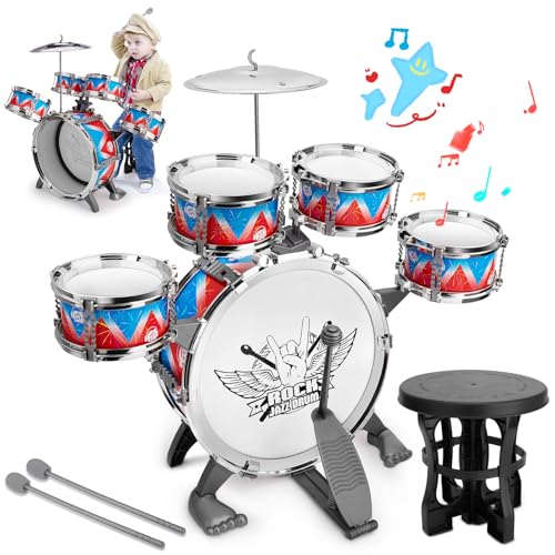 Toddler Drum Set Kids Jazz Drum Kit with Stool Musical Instruments Toys Birthday Chirstmas Easter Gifts for Boys Girls Aged 3 4 5 Year Old