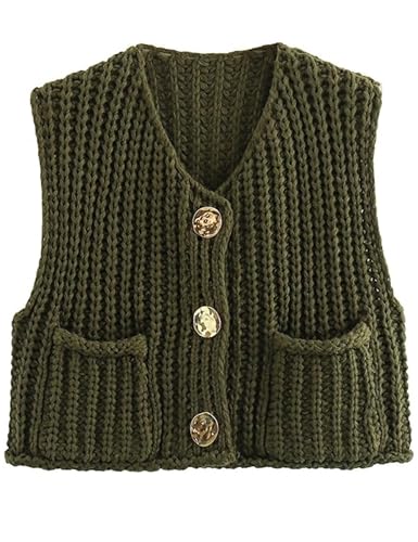 AICHARMWA Women's Sleeveless Knit Vest Button Down Casual Cropped Crochet Sweater Cardigan with Pockets(016-ArmyGreen-L)